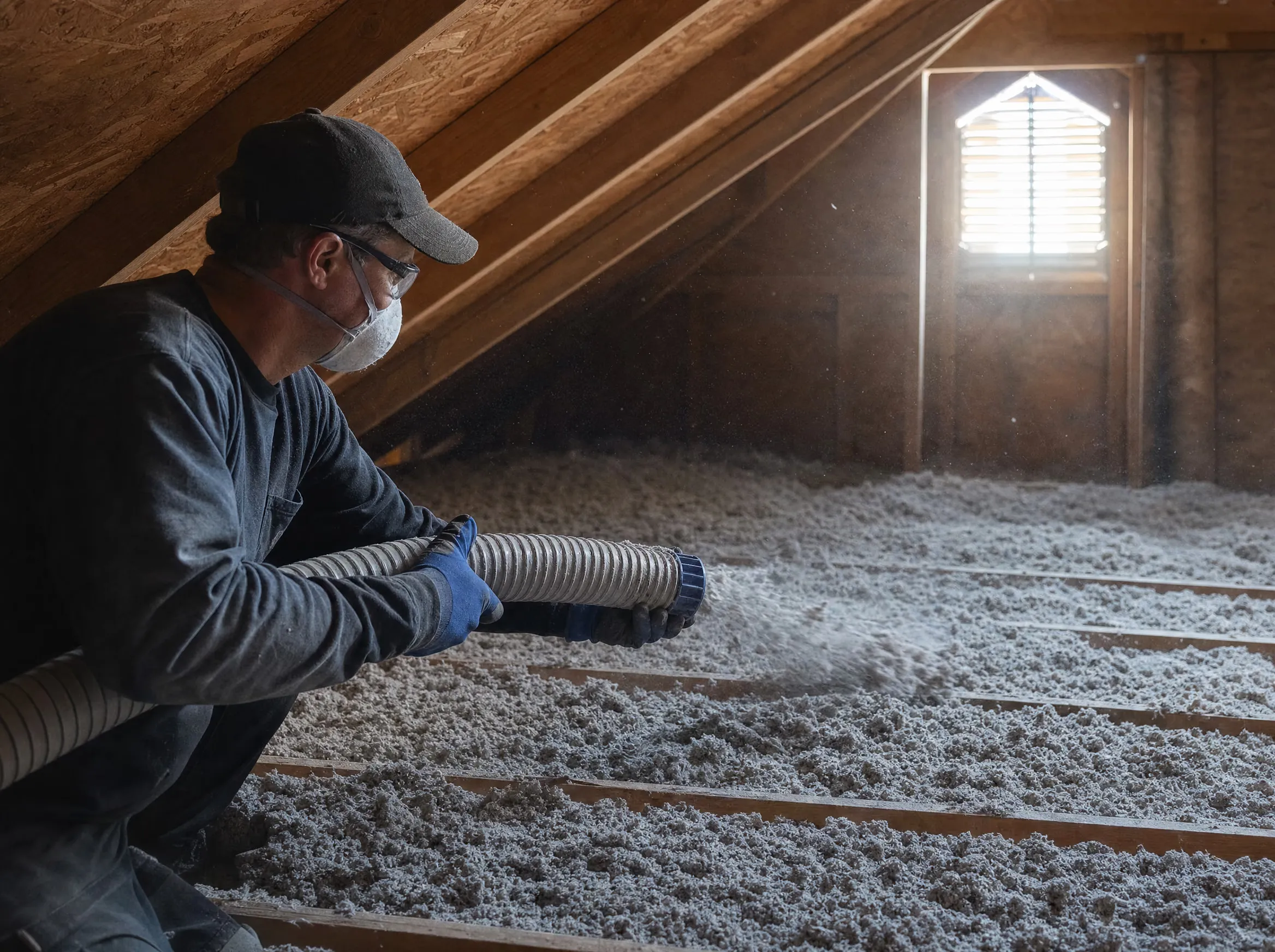 An installer laying deep blown-in attic insulation between joists in an Okanagan home
