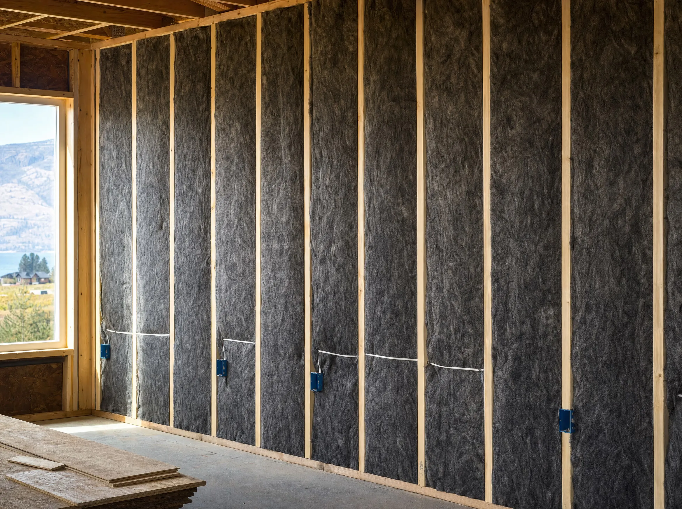 Neat rows of batt insulation fitted between wood studs in a new-construction Okanagan home