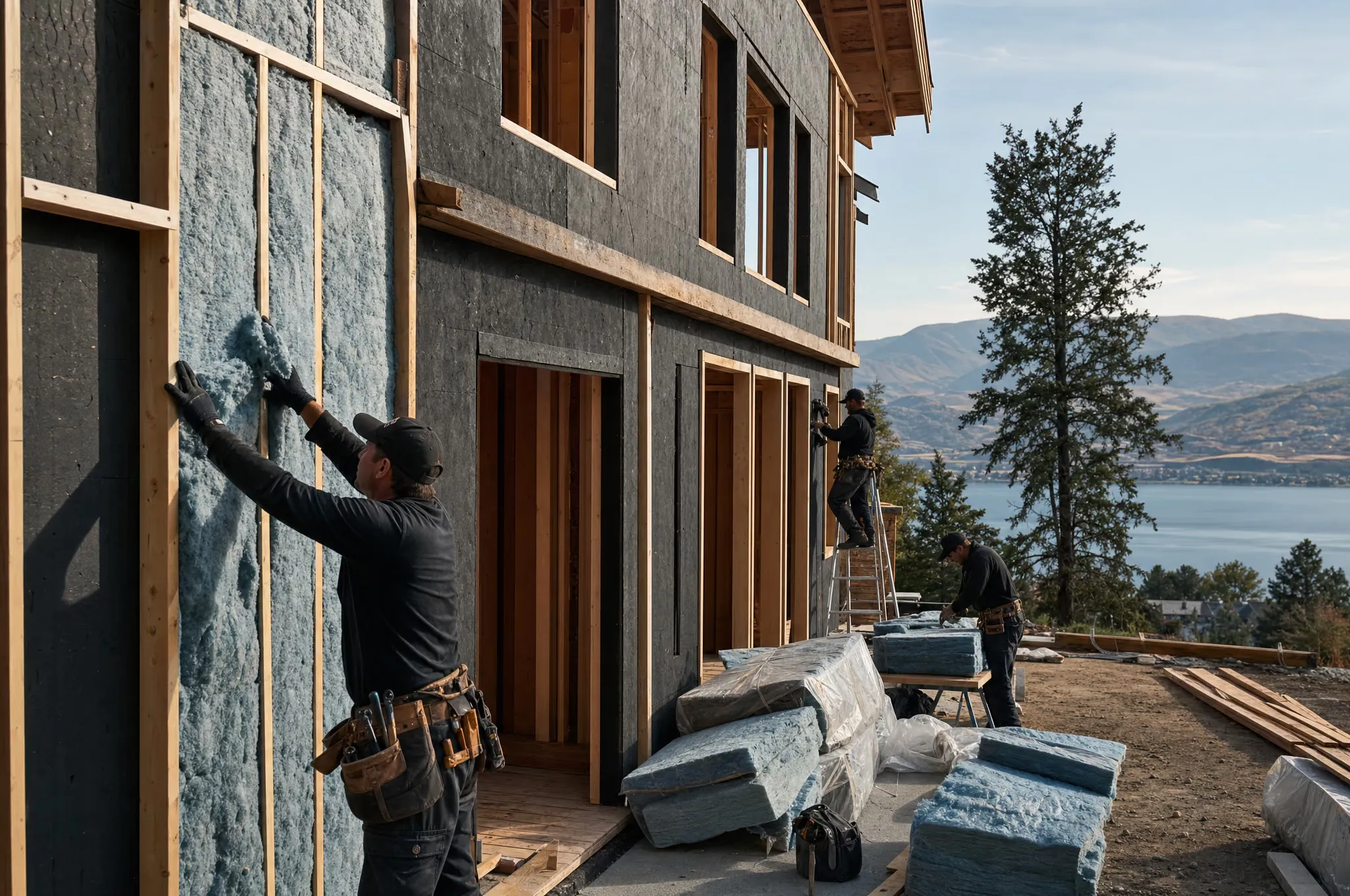 A multi-family building under construction with an Okanagan Insulation crew on site