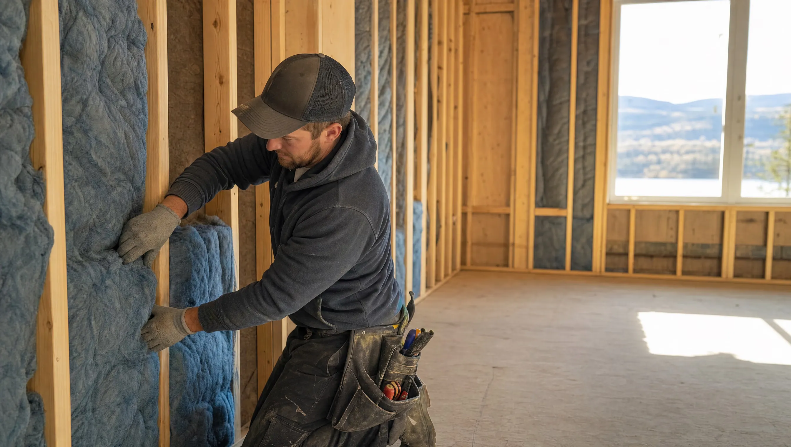 An Okanagan Insulation installer fitting insulation in a sunlit new-build home