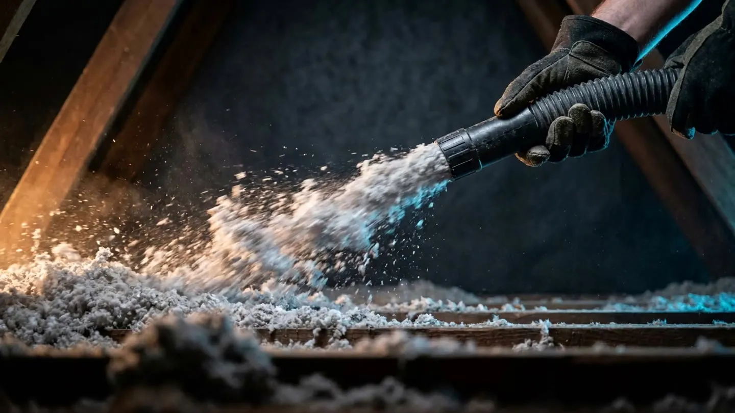 Loose blow-in home insulation drifting through dark space — Okanagan Insulation Services