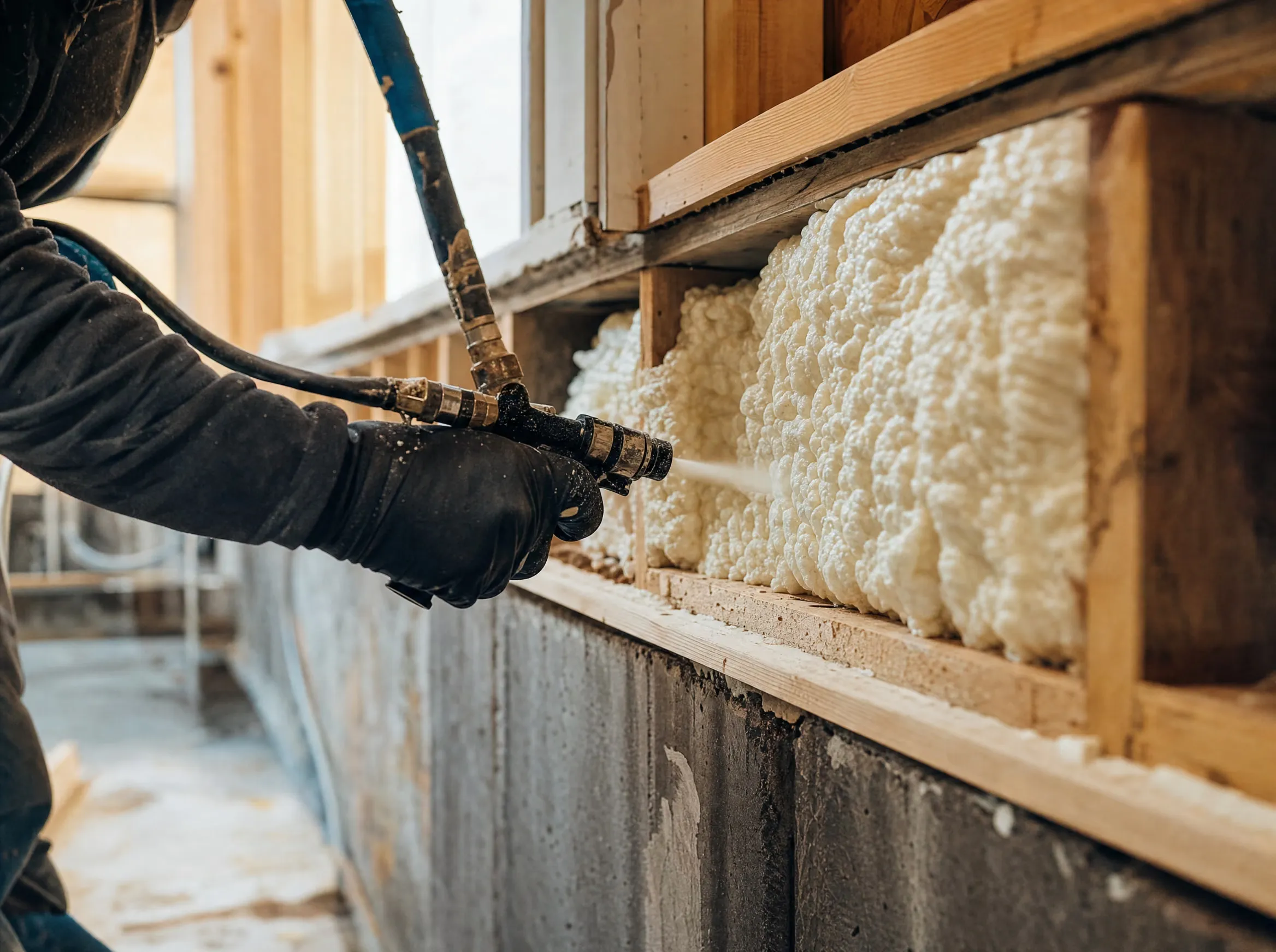 Closed-cell spray foam insulation being applied to a rim joist and wall cavity